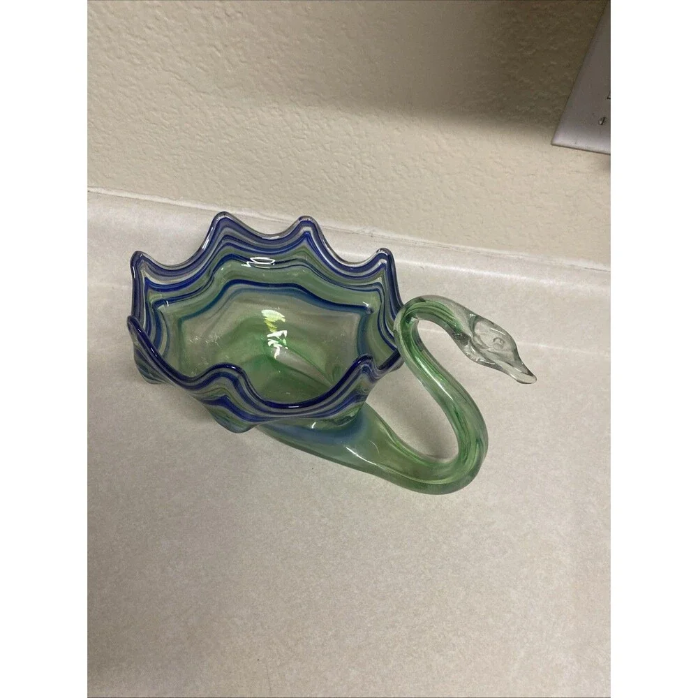 Vintage Green And Blue Swirl Art Glass Swan Bowl
